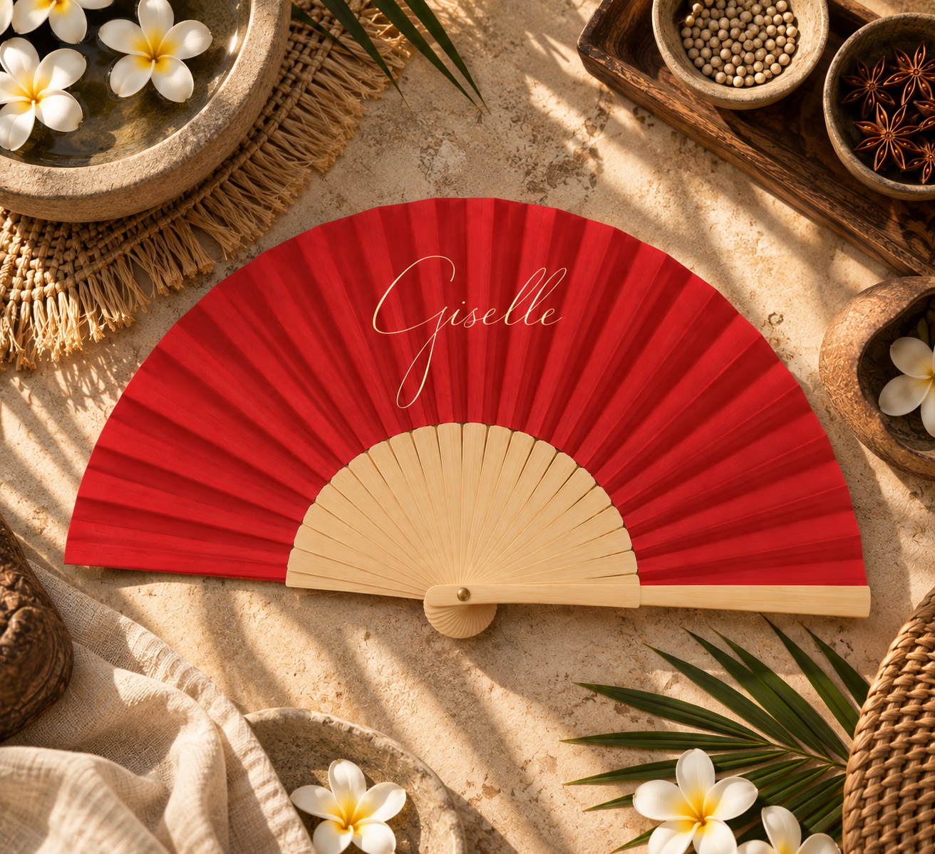 Giselle scarlet red custom hand fan with gold script by VEYOO