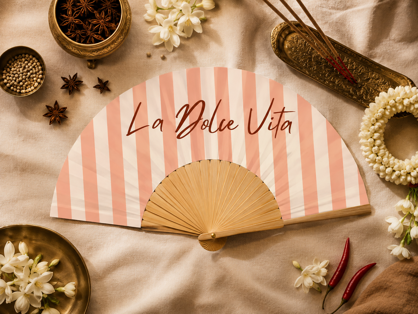 La Dolce Vita peach striped custom hand fan by VEYOO