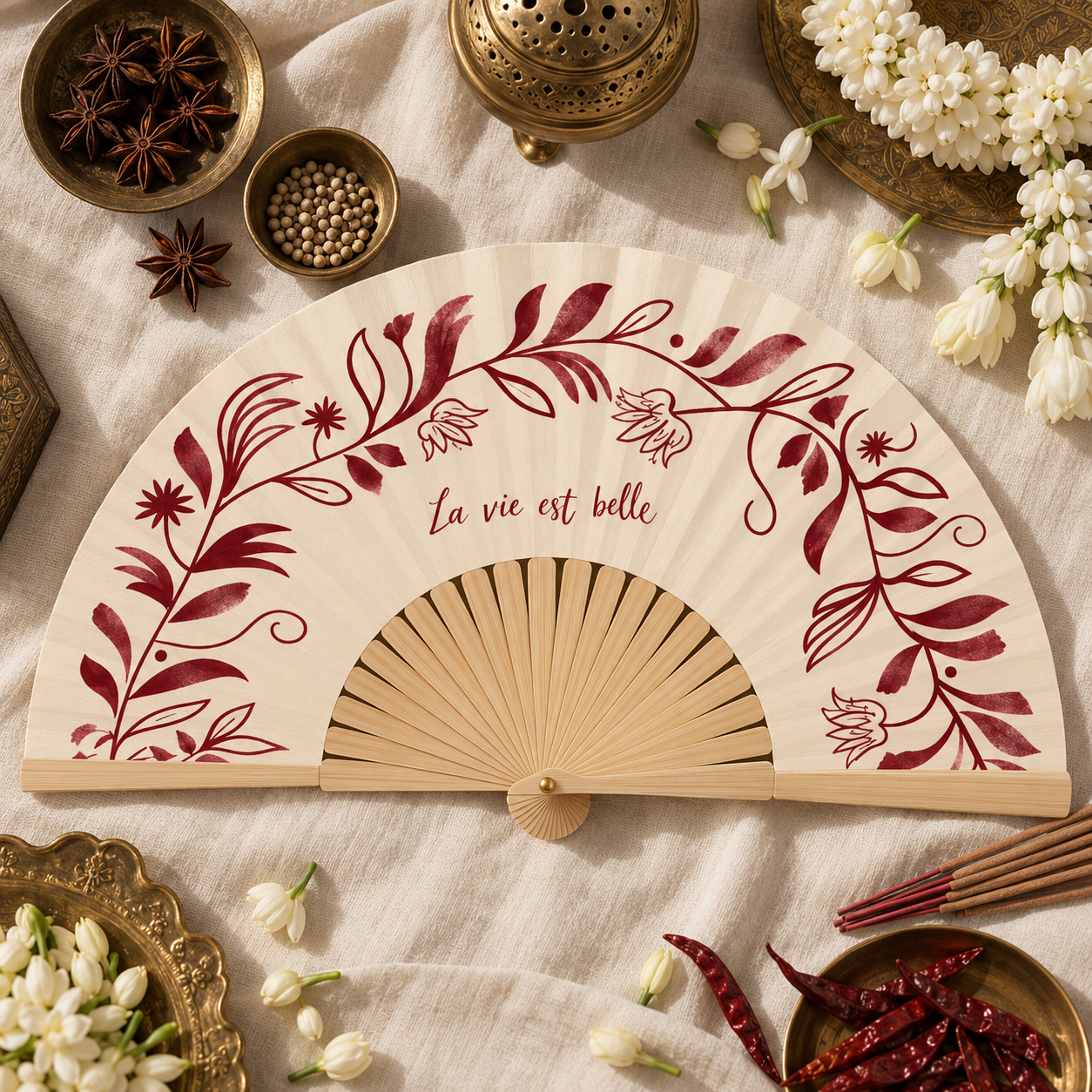 La Vie botanical burgundy floral custom hand fan by VEYOO